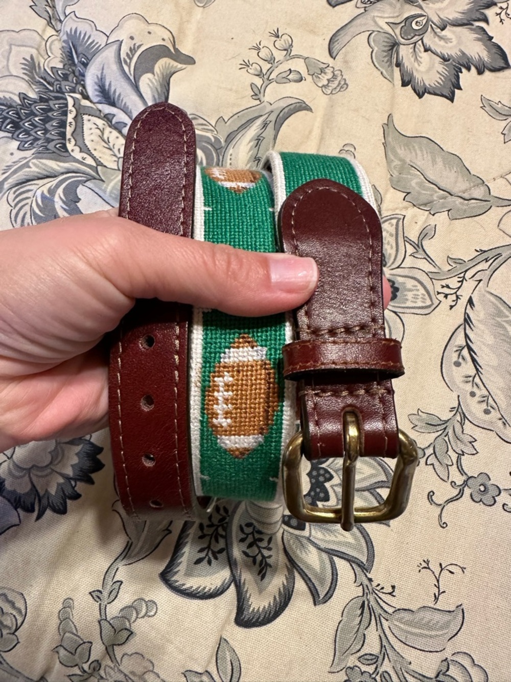 Needlepoint Football-Pattern Men’s Belt with Brown Leather Trim